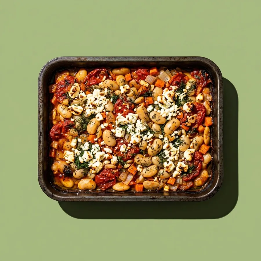 Judiones al horno con eneldo y feta vegano