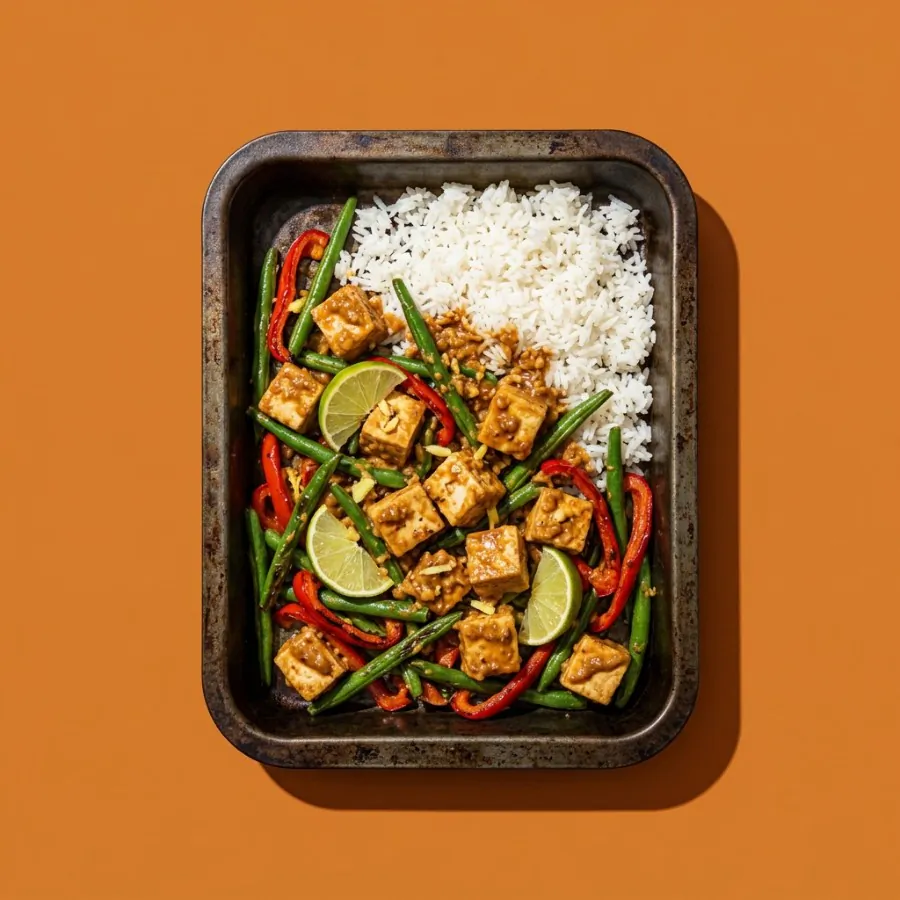 Tofu com amendoim e limão, vagem e arroz