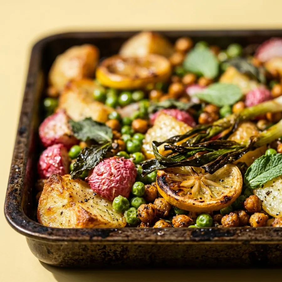 Bandeja al horno de rábanos, patatas y guisantes con hierbabuena, foto 2