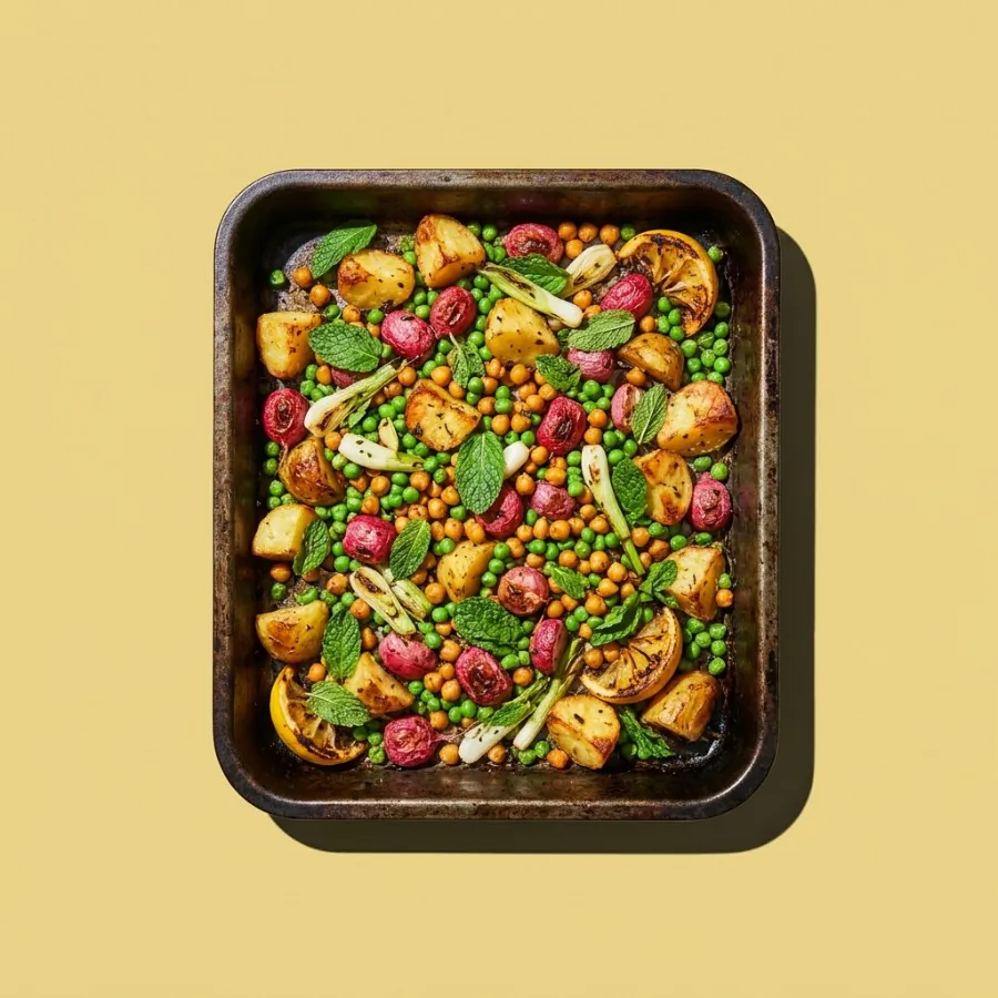 Bandeja al horno de rábanos, patatas y guisantes con hierbabuena