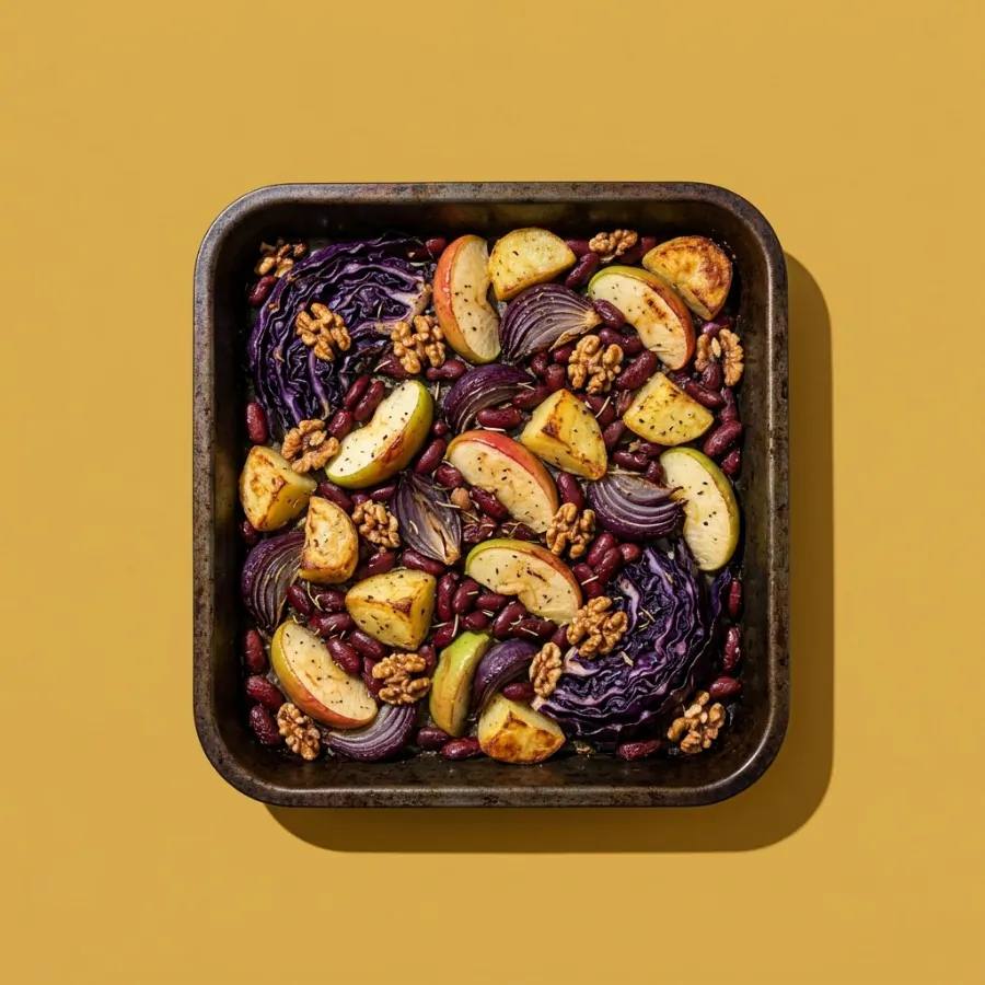 Red cabbage, apple and kidney bean traybake