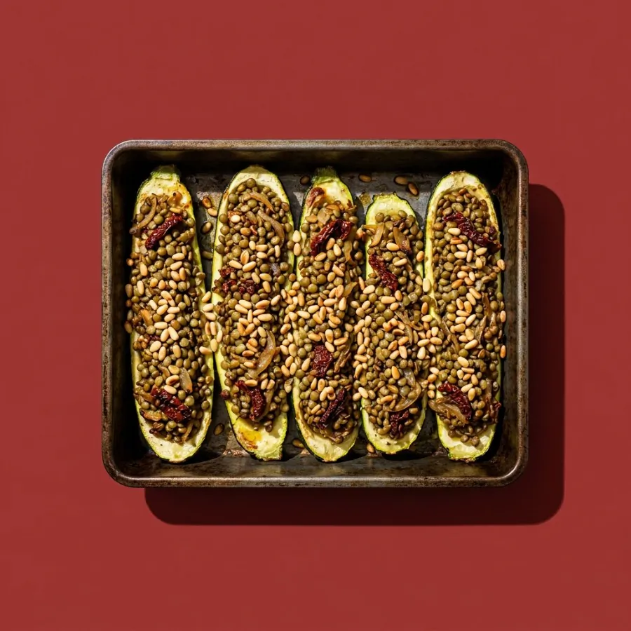 Lentil-stuffed courgette boats with pine nuts