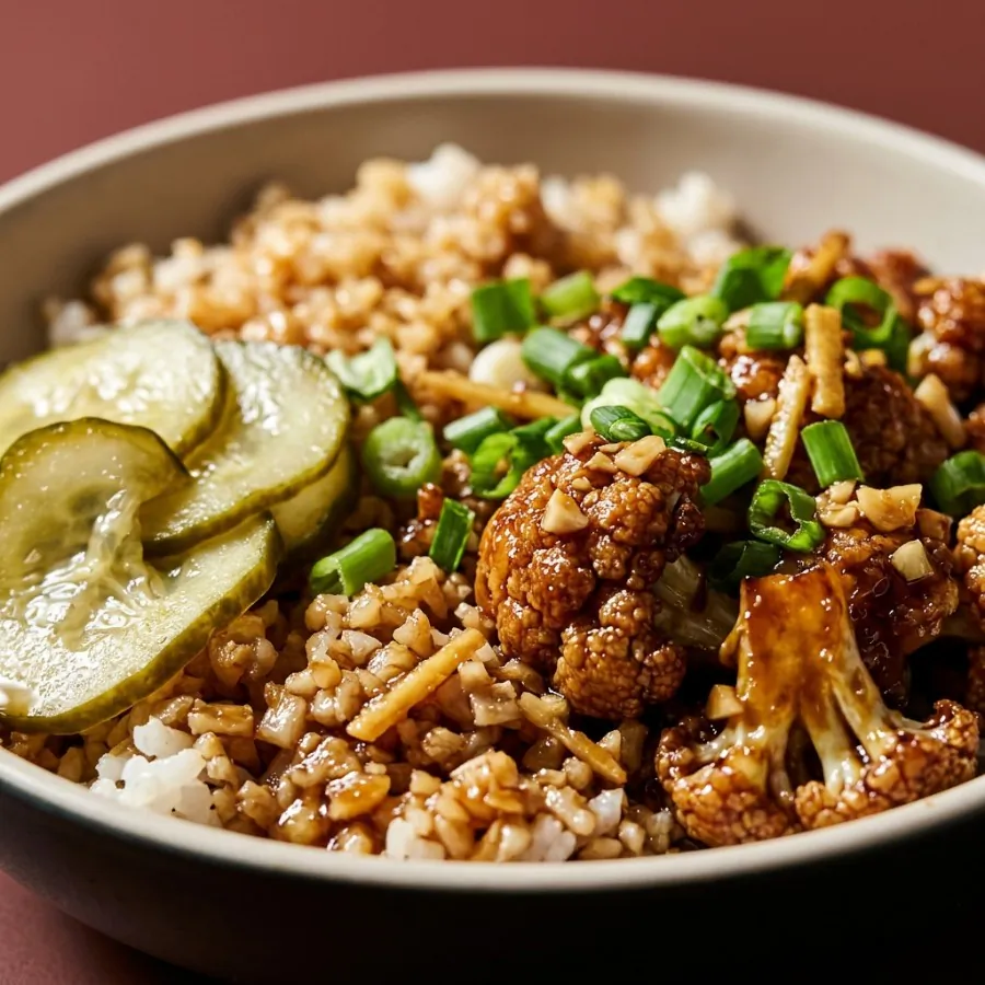 Tigela de arroz com couve-flor ao teriyaki e pepino em conserva, foto 2