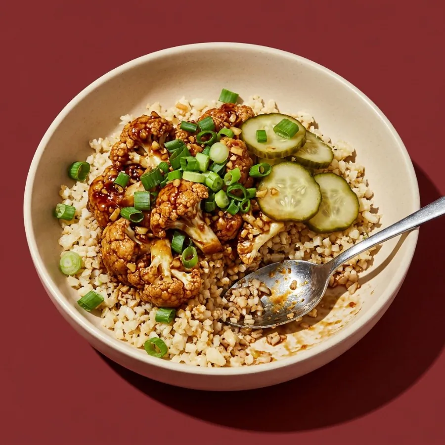Tigela de arroz com couve-flor ao teriyaki e pepino em conserva, foto 3
