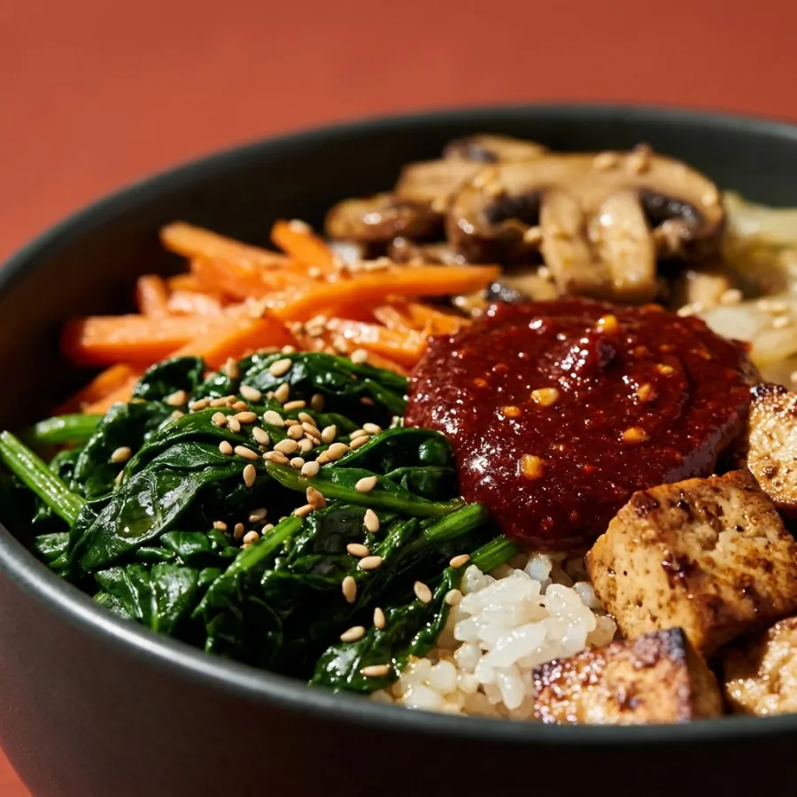Ciotola di riso stile bibimbap con spinaci e gochujang, foto 2