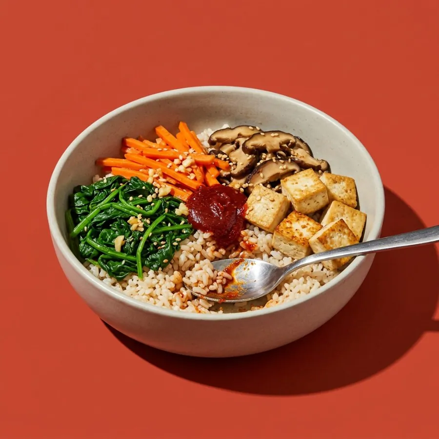 Ciotola di riso stile bibimbap con spinaci e gochujang, foto 3