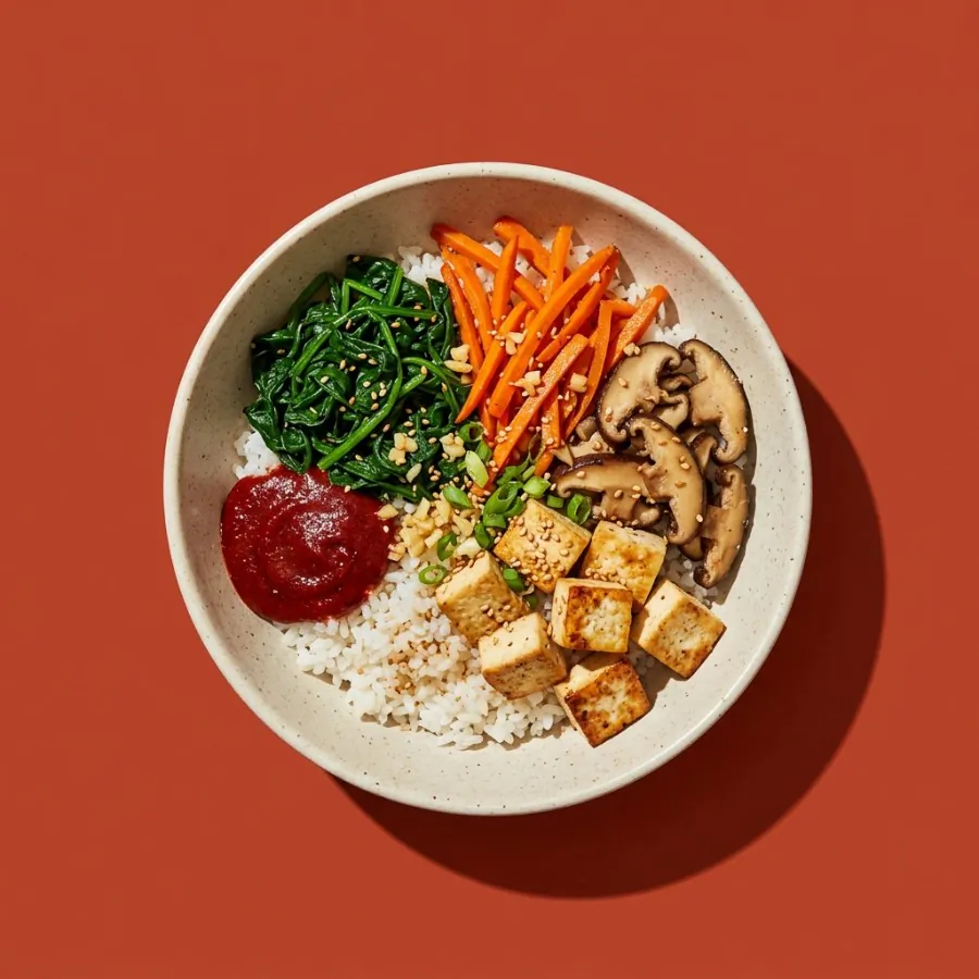 Ciotola di riso stile bibimbap con spinaci e gochujang
