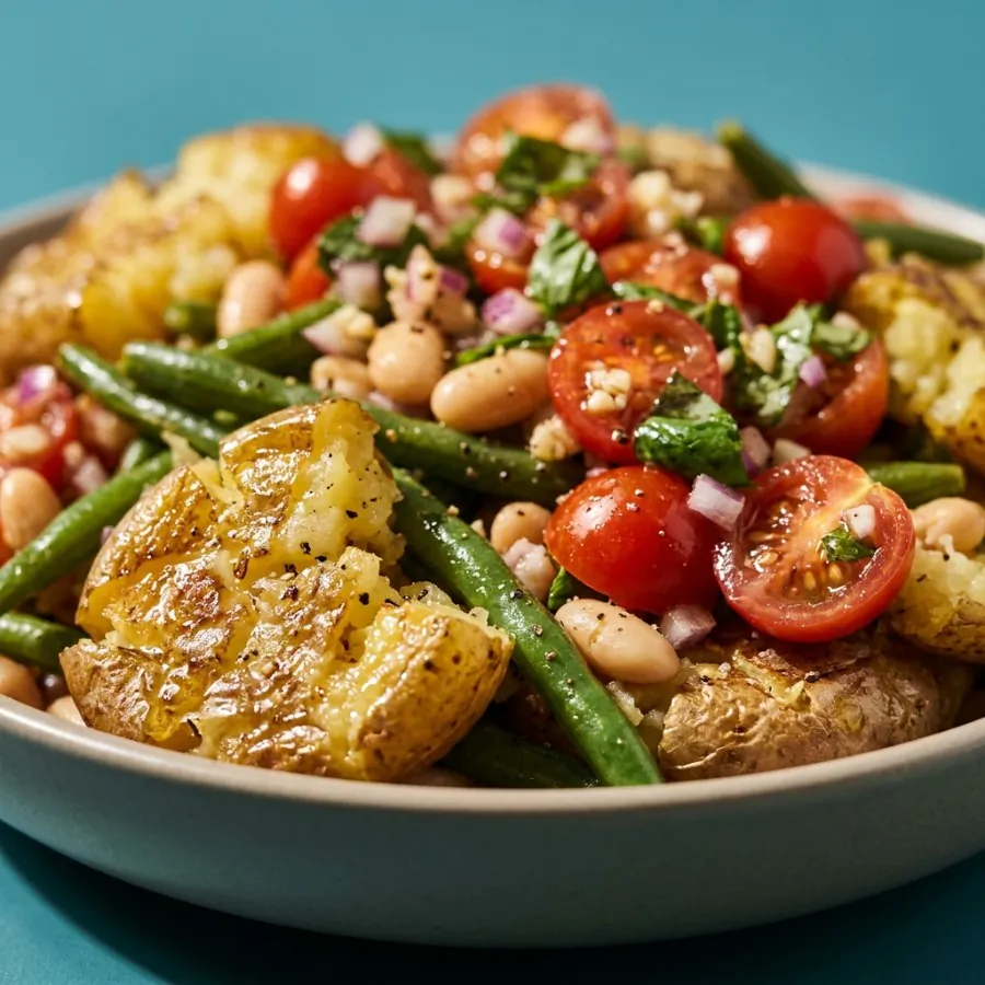 Smashed potato bowl with green beans and tomato salsa, photo 2