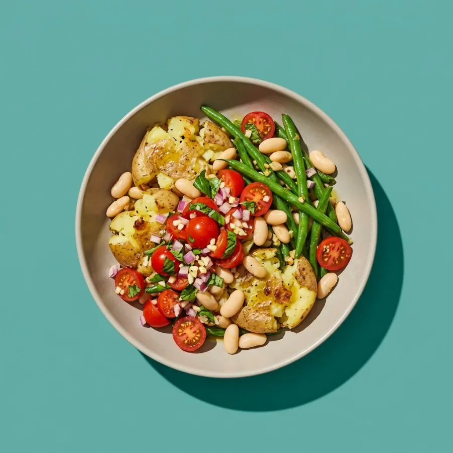 Smashed potato bowl with green beans and tomato salsa