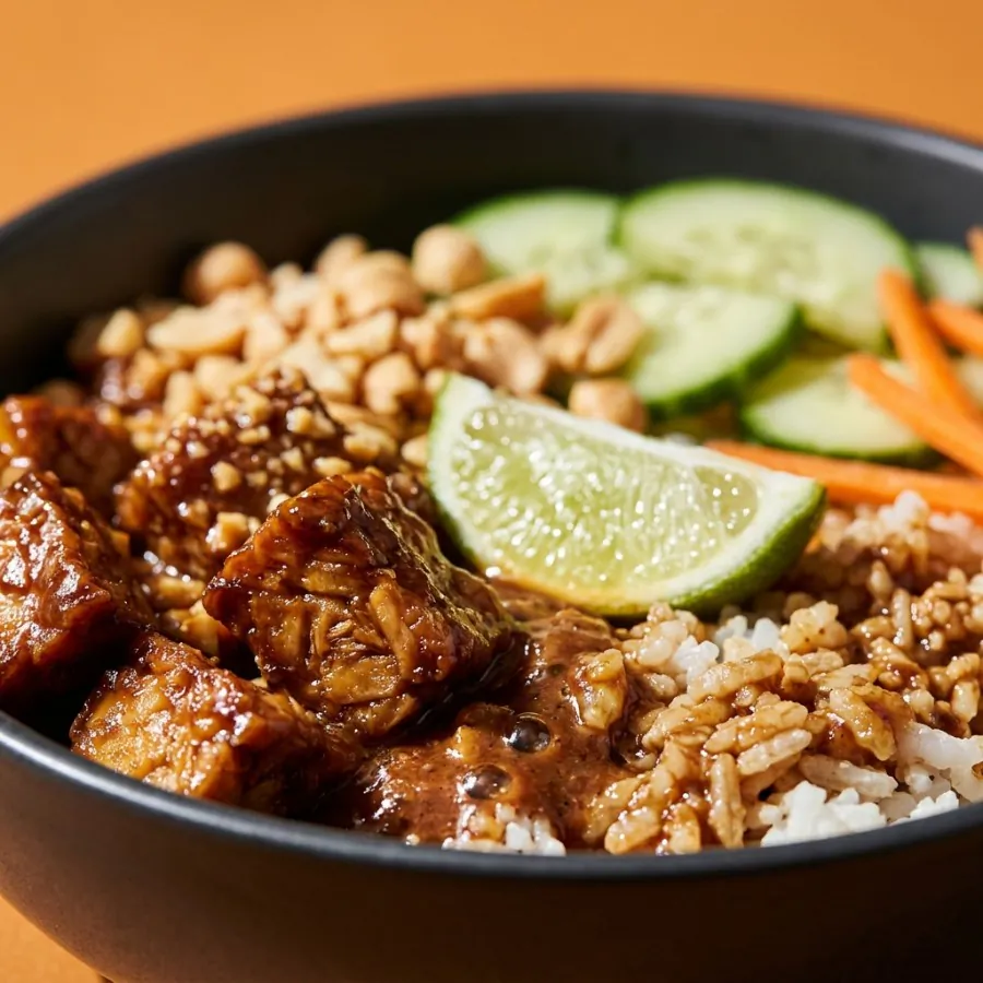 Ciotola di tempeh al satay con riso e cetriolo, foto 2