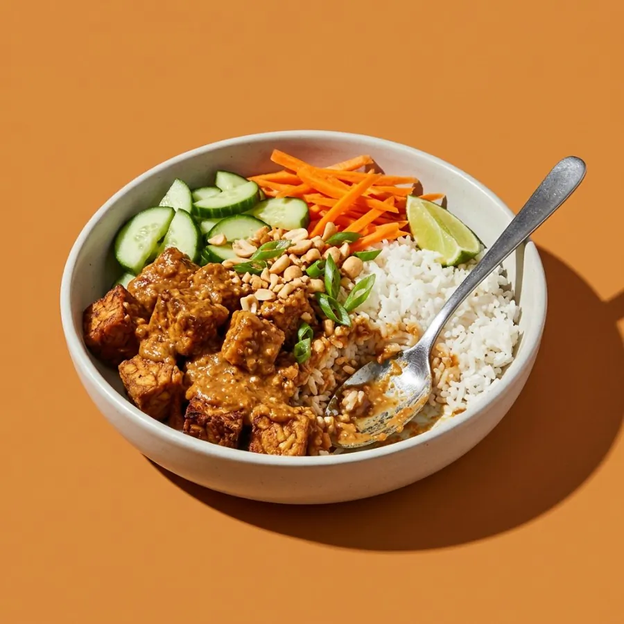 Ciotola di tempeh al satay con riso e cetriolo, foto 3