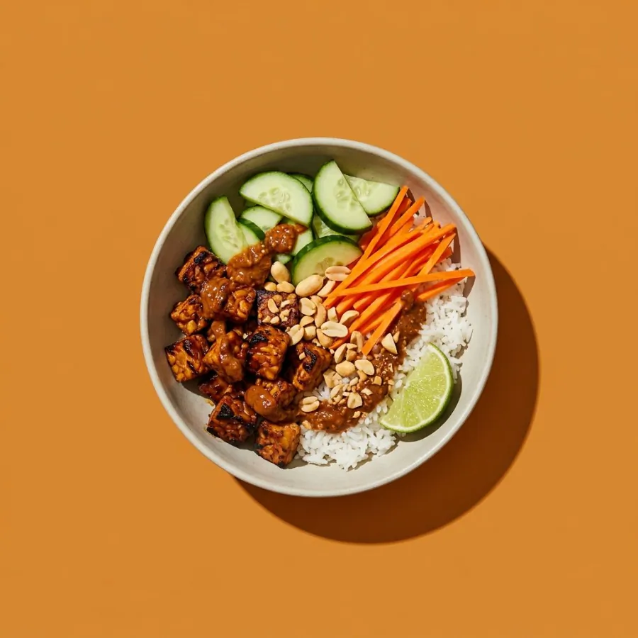 Ciotola di tempeh al satay con riso e cetriolo