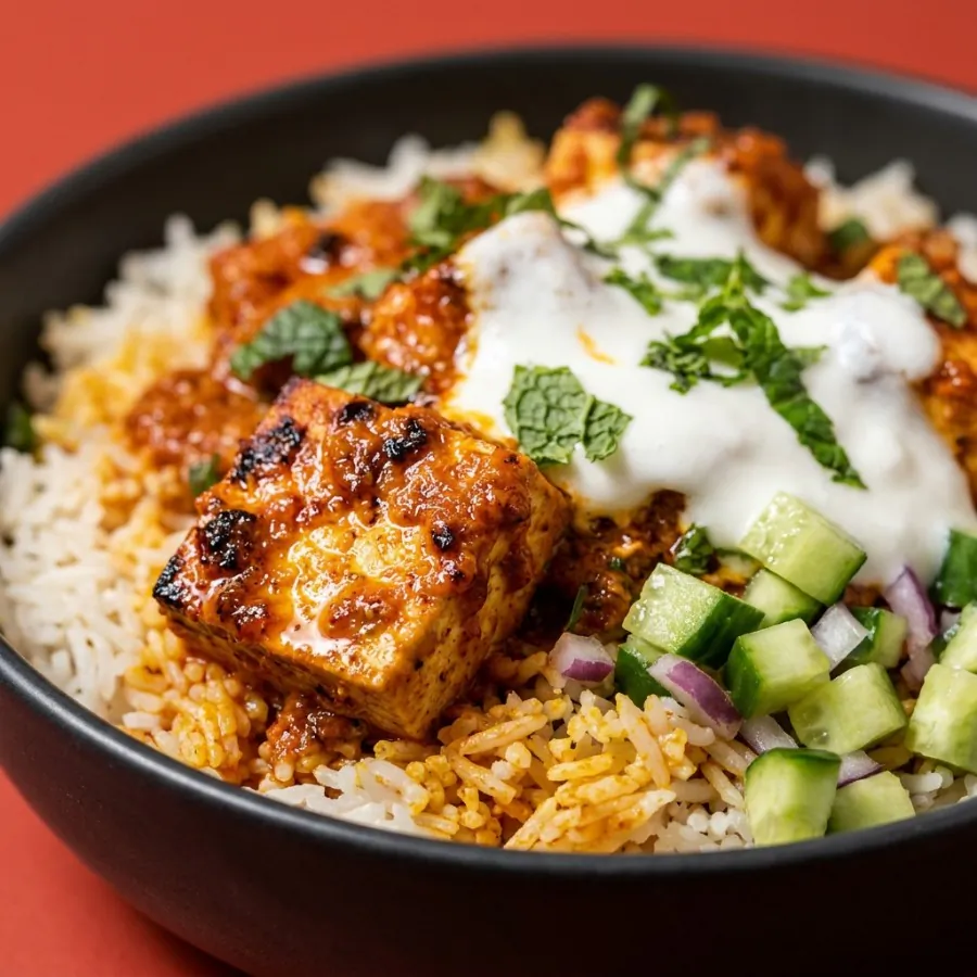 Tikka-Tofu-Reisbowl mit Salatgurke und Minzjoghurt, Foto 2