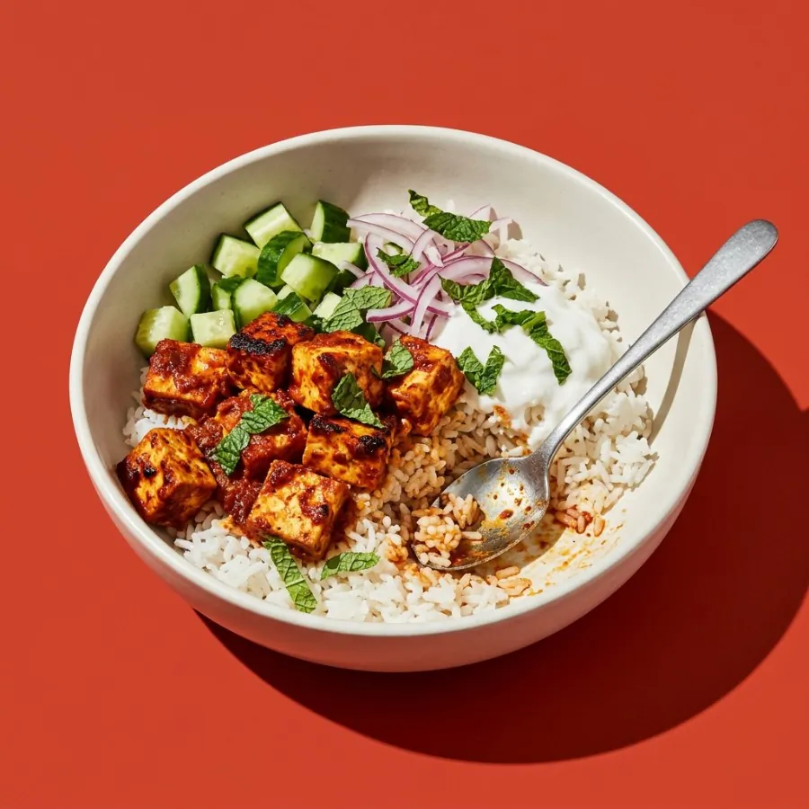 Tikka-Tofu-Reisbowl mit Salatgurke und Minzjoghurt, Foto 3