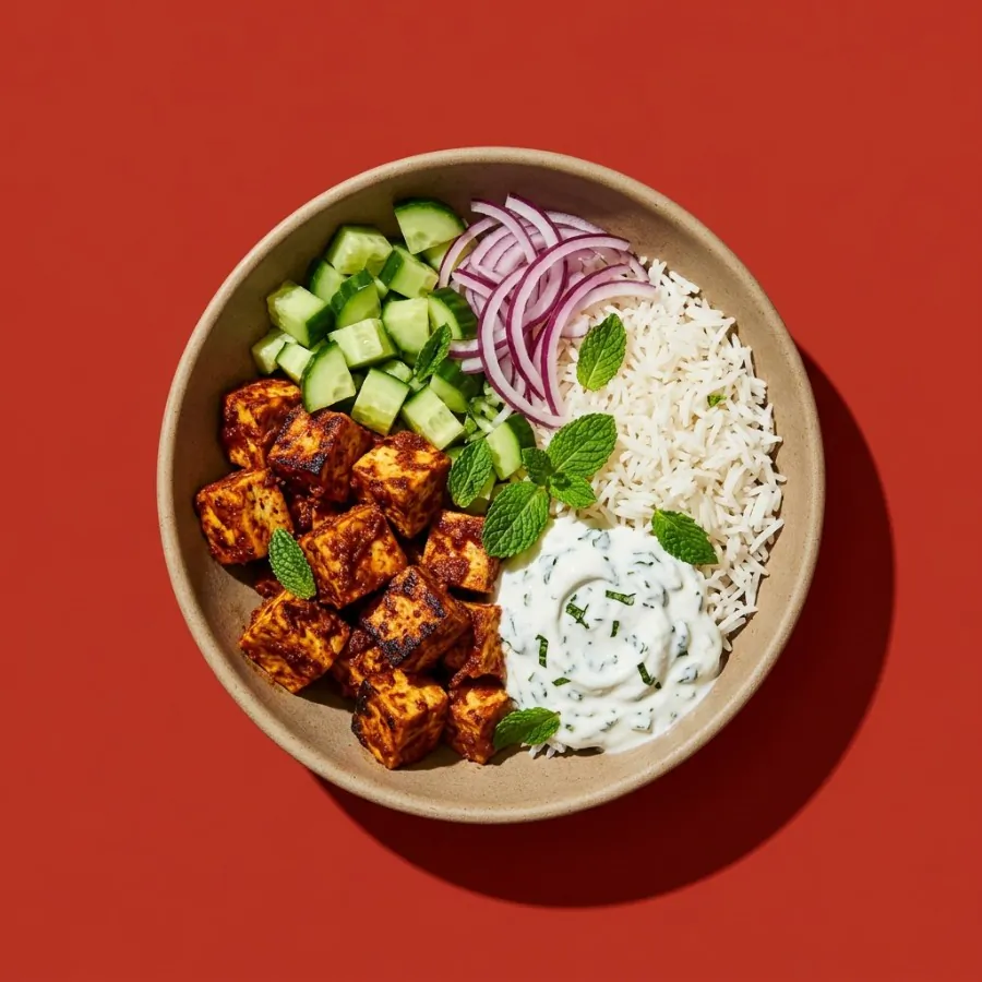 Tikka-Tofu-Reisbowl mit Salatgurke und Minzjoghurt