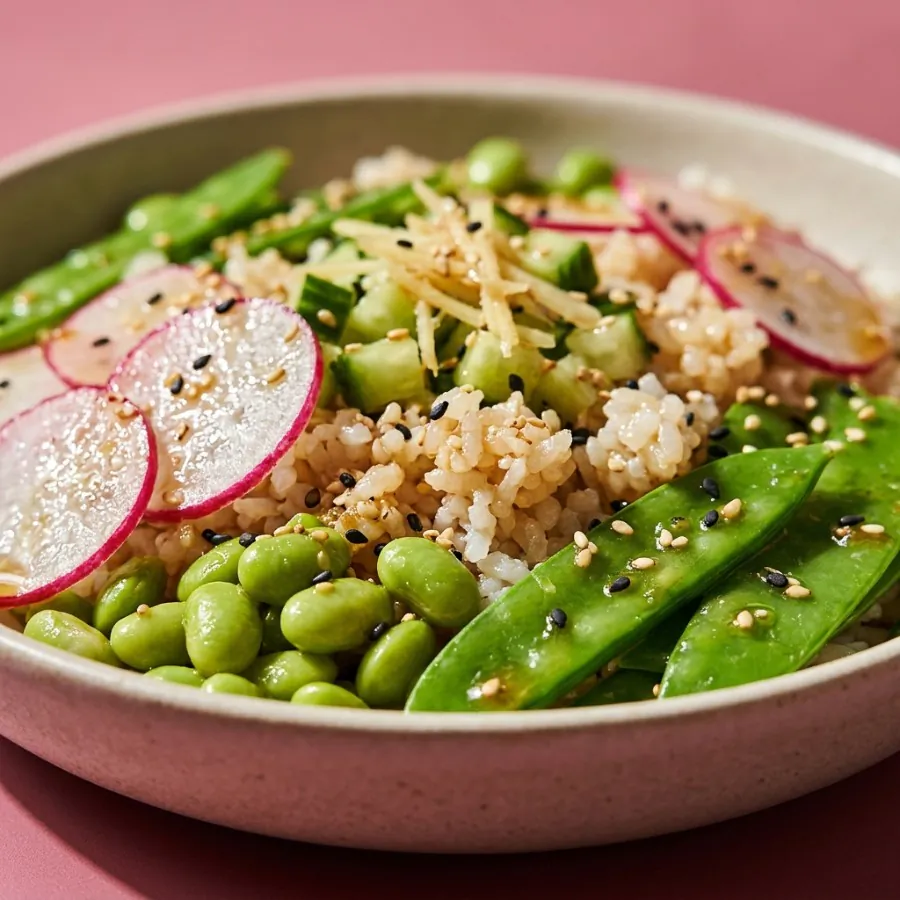 Tigela de arroz com ervilha-torta, rabanete e edamame com molho de gengibre, foto 2
