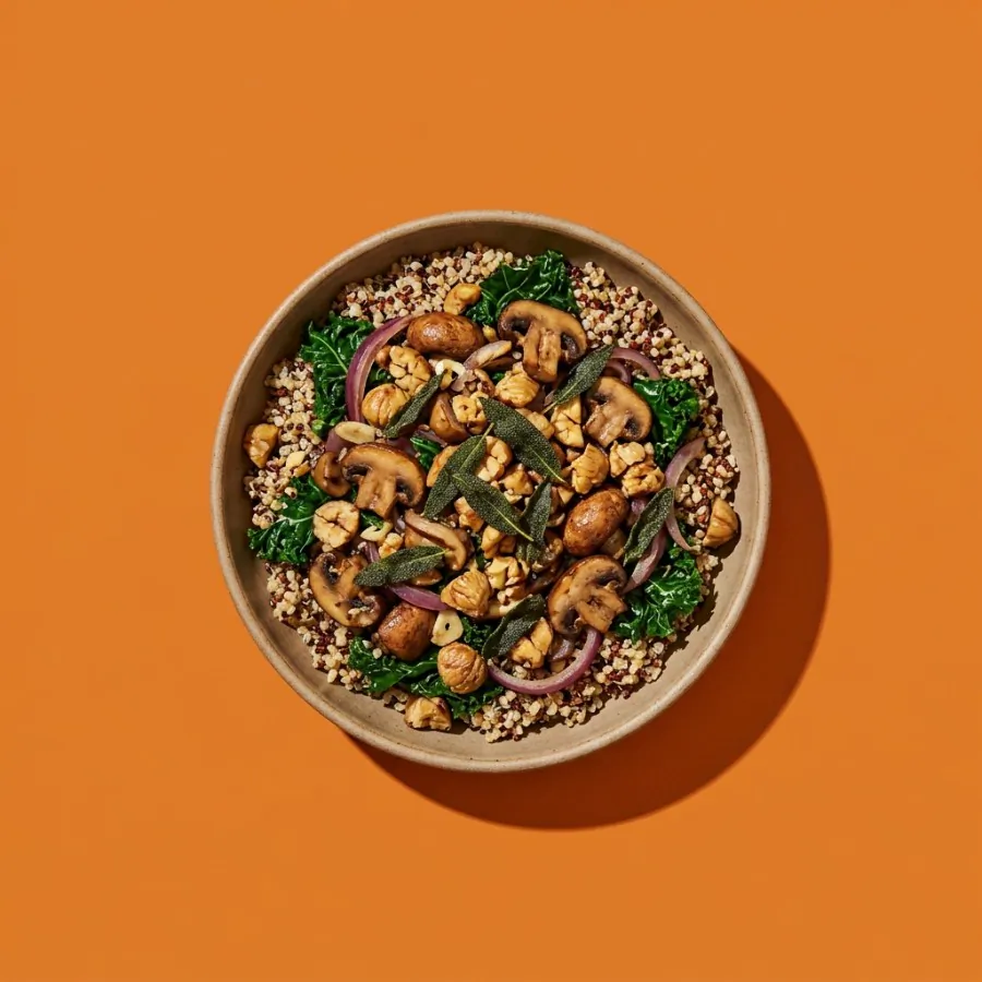 Mushroom, chestnut and quinoa bowl with sage