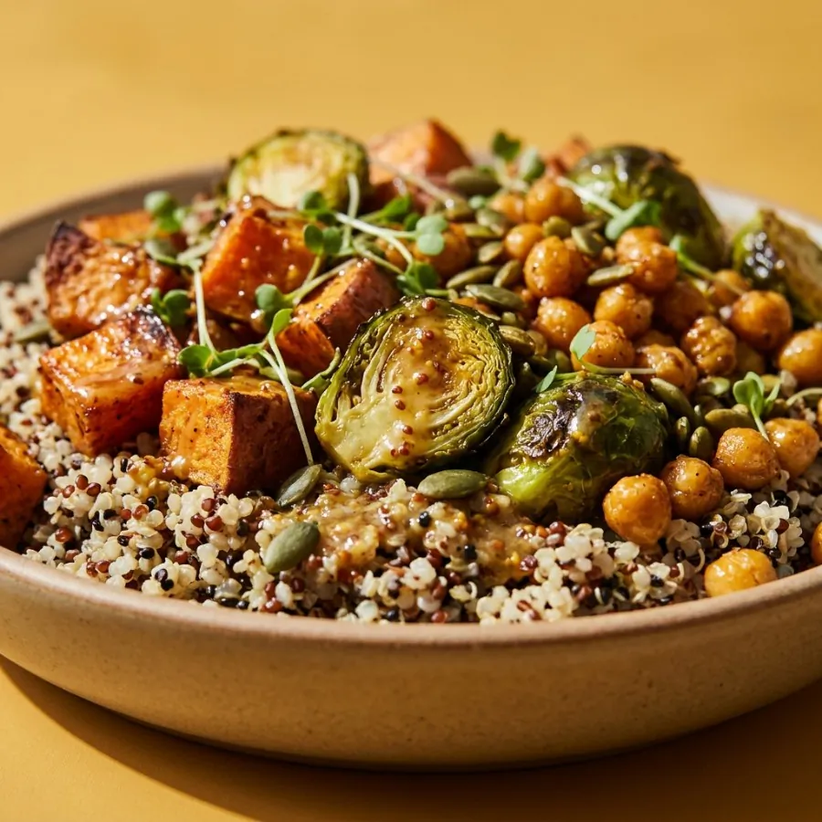 Bol de quinoa con coles de Bruselas y boniato con aliño de mostaza y arce, foto 2