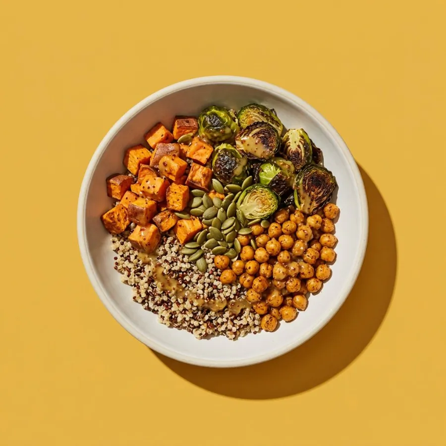 Bol de quinoa con coles de Bruselas y boniato con aliño de mostaza y arce