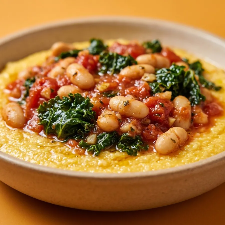 Bol de polenta cremosa con alubias al tomate y kale, foto 2