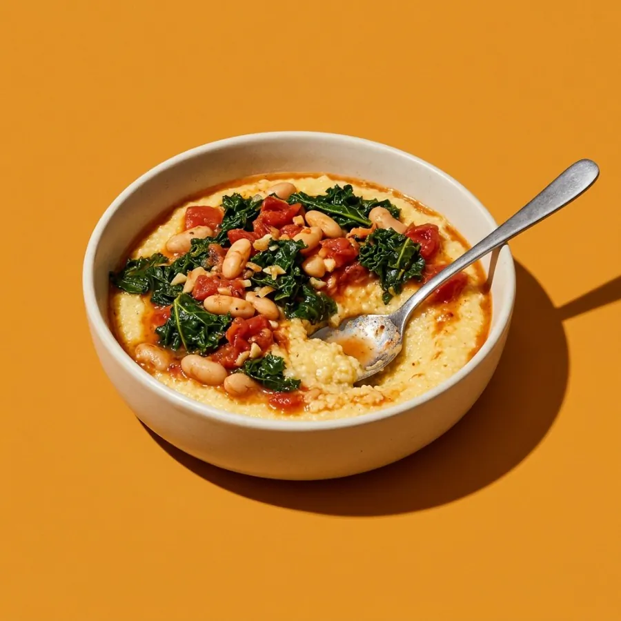 Bol de polenta cremosa con alubias al tomate y kale, foto 3