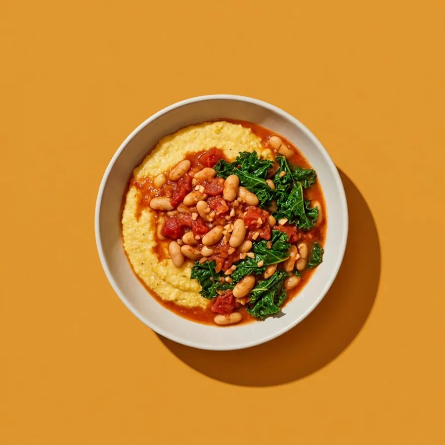 Bol de polenta cremosa con alubias al tomate y kale