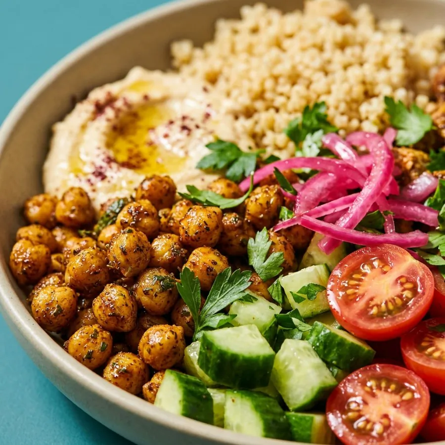 Bol de boulgour aux pois chiches façon chawarma, oignon mariné et houmous, photo 2