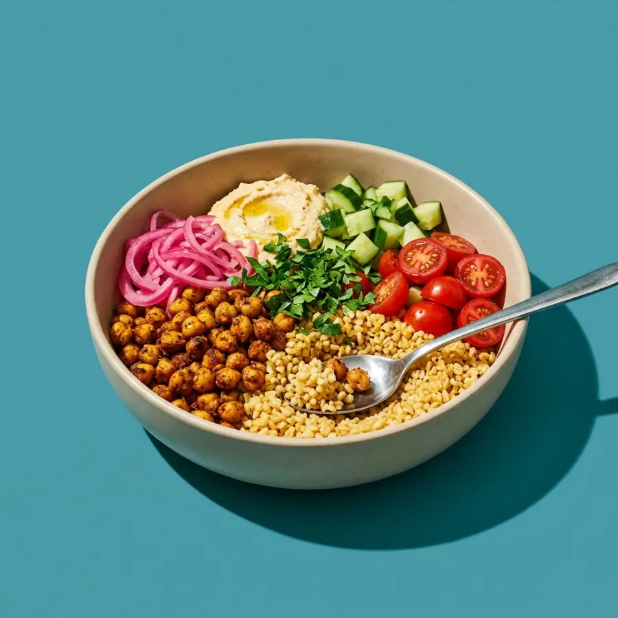 Bol de boulgour aux pois chiches façon chawarma, oignon mariné et houmous, photo 3