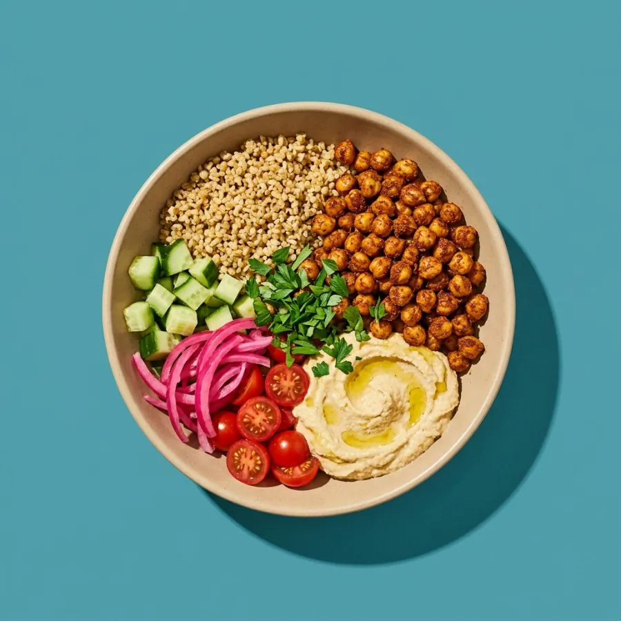 Bol de boulgour aux pois chiches façon chawarma, oignon mariné et houmous
