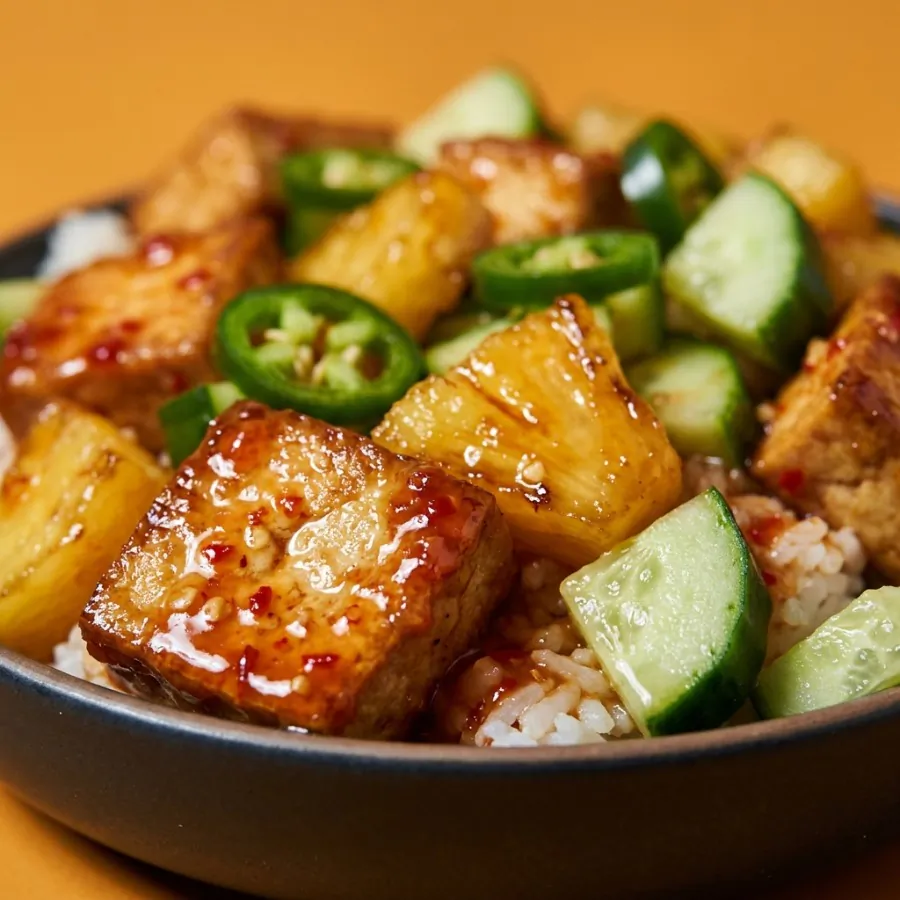 Reisbowl mit Tofu in süßer Chilisauce, Ananas und Salatgurke, Foto 2