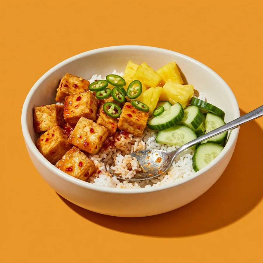 Reisbowl mit Tofu in süßer Chilisauce, Ananas und Salatgurke, Foto 3