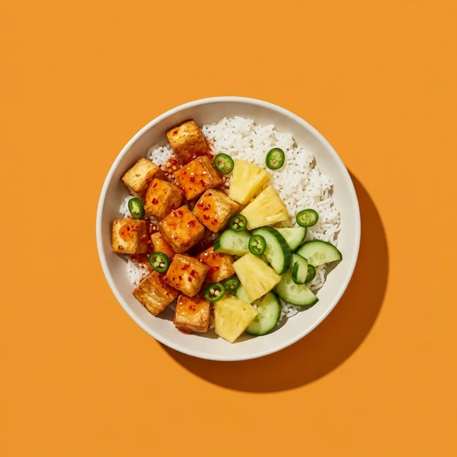 Reisbowl mit Tofu in süßer Chilisauce, Ananas und Salatgurke