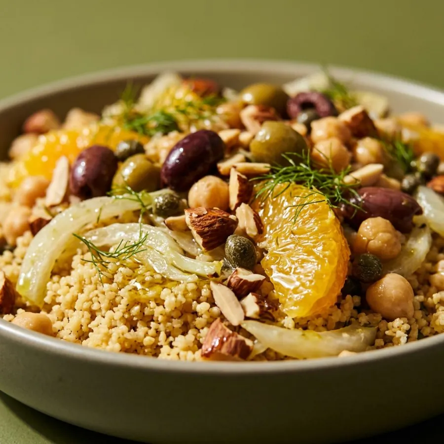 Orange and fennel couscous bowl with olives and almonds, photo 2