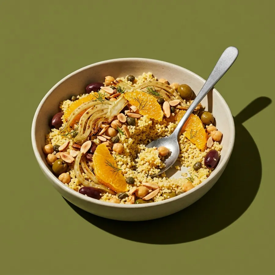 Orange and fennel couscous bowl with olives and almonds, photo 3