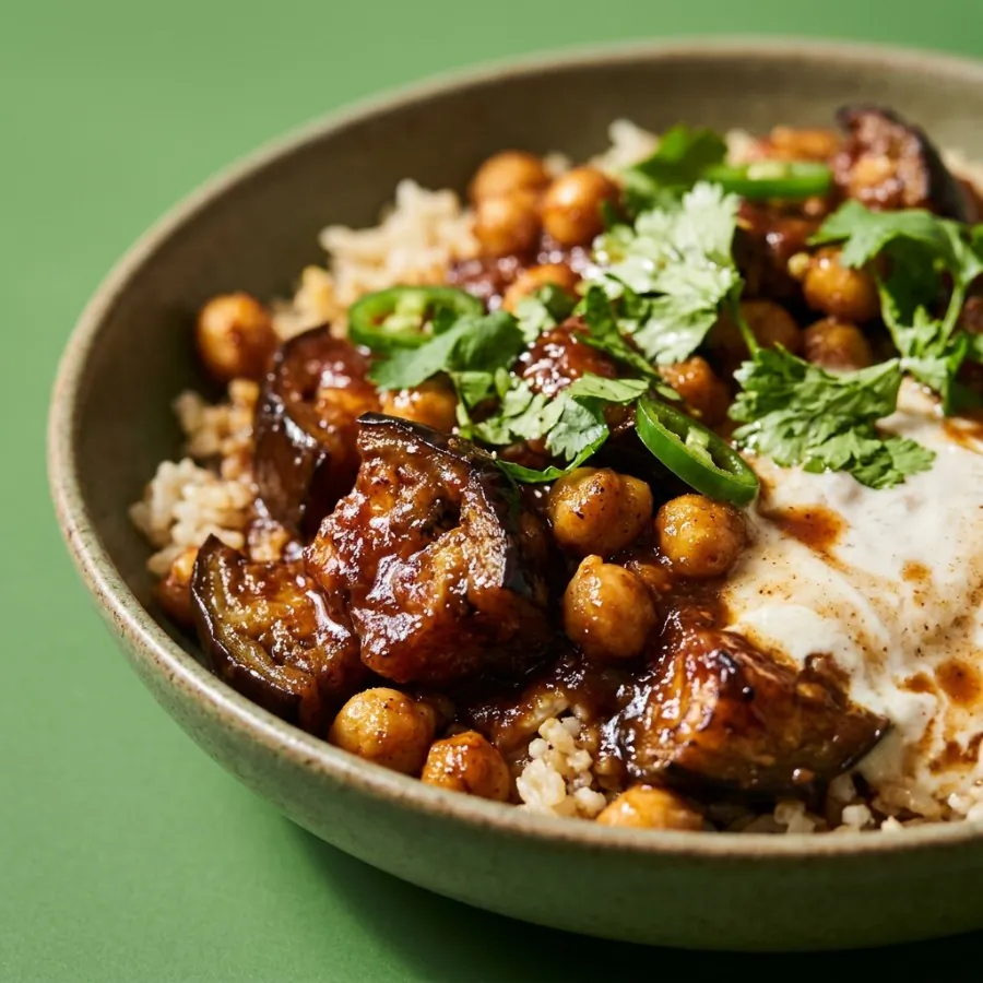 Tamarind aubergine and chickpea rice bowl with coconut yogurt, photo 2