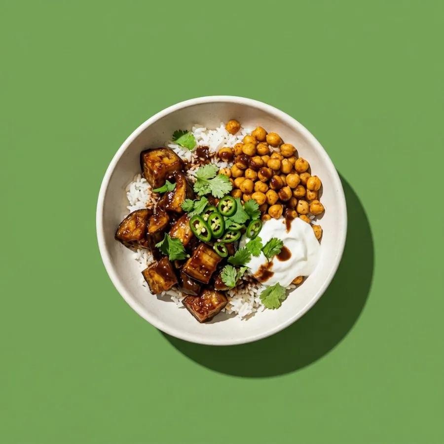 Tamarind aubergine and chickpea rice bowl with coconut yogurt