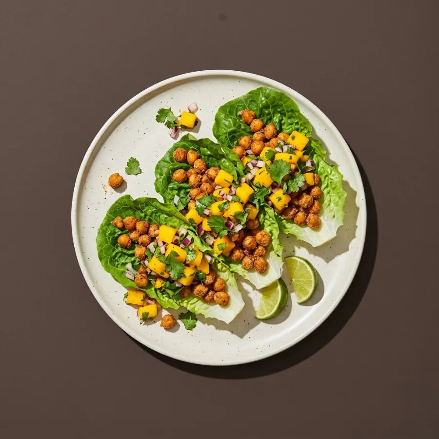 Feuilles de laitue garnies de pois chiches croustillants et salsa de mangue