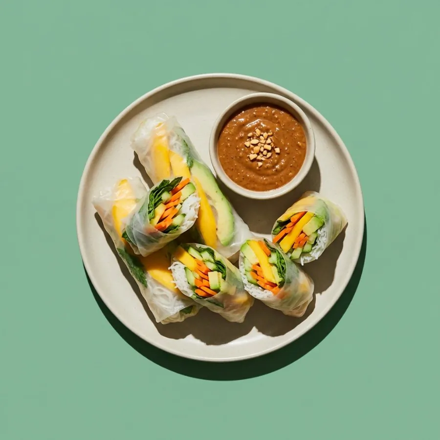 Rouleaux de galette de riz à la mangue et à l'avocat, sauce cacahuète