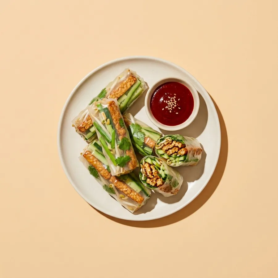Rollitos de papel de arroz de tempeh y pepino con salsa de gochujang