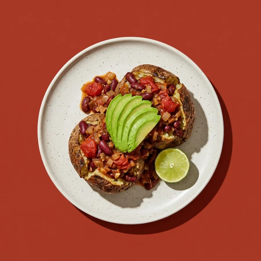 Batatas assadas com chili de feijão e abacate