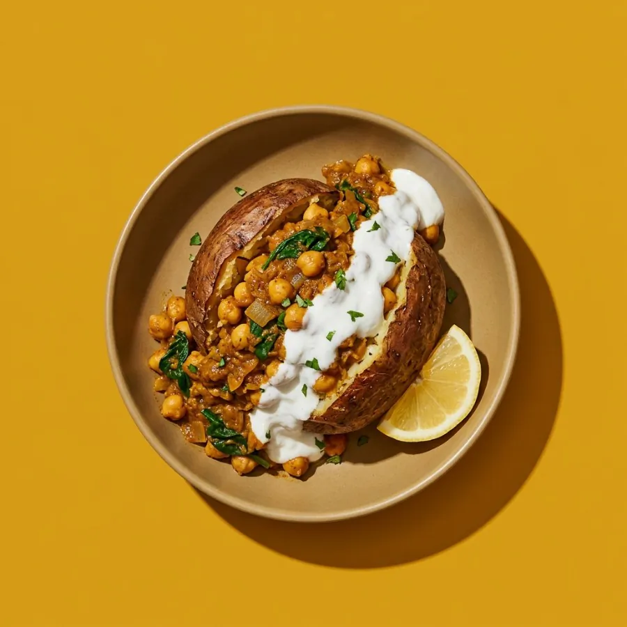 Pommes de terre au four, pois chiches au curry et yaourt au coco