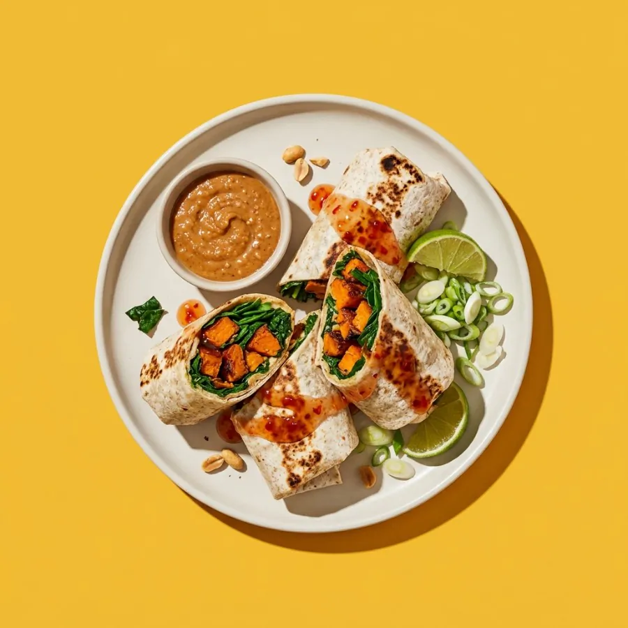 Wraps à la patate douce et aux épinards, sauce cacahuète
