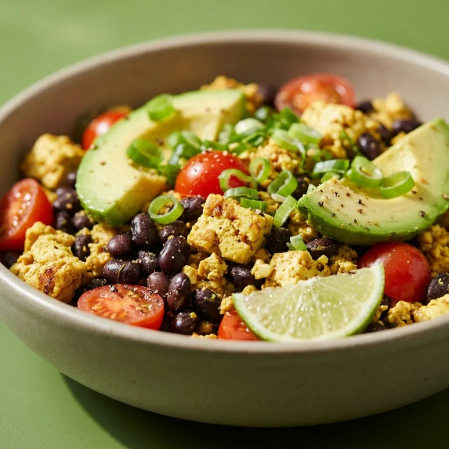 Bol de revuelto de tofu con alubias negras y aguacate, foto 2