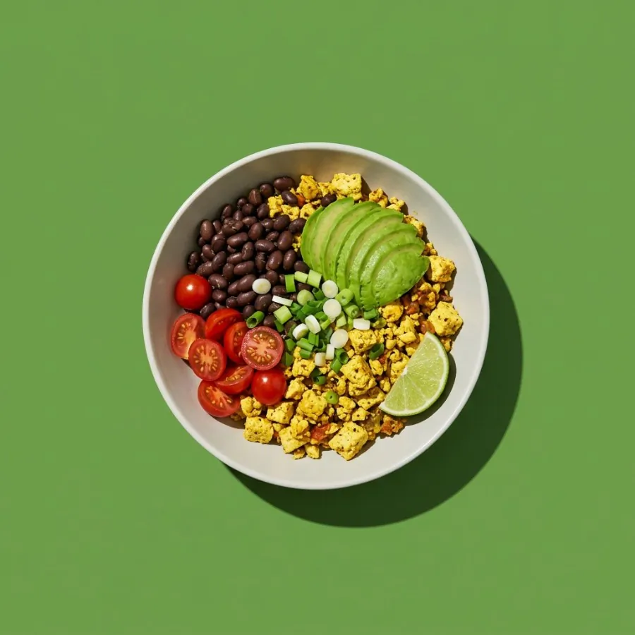Bol de revuelto de tofu con alubias negras y aguacate