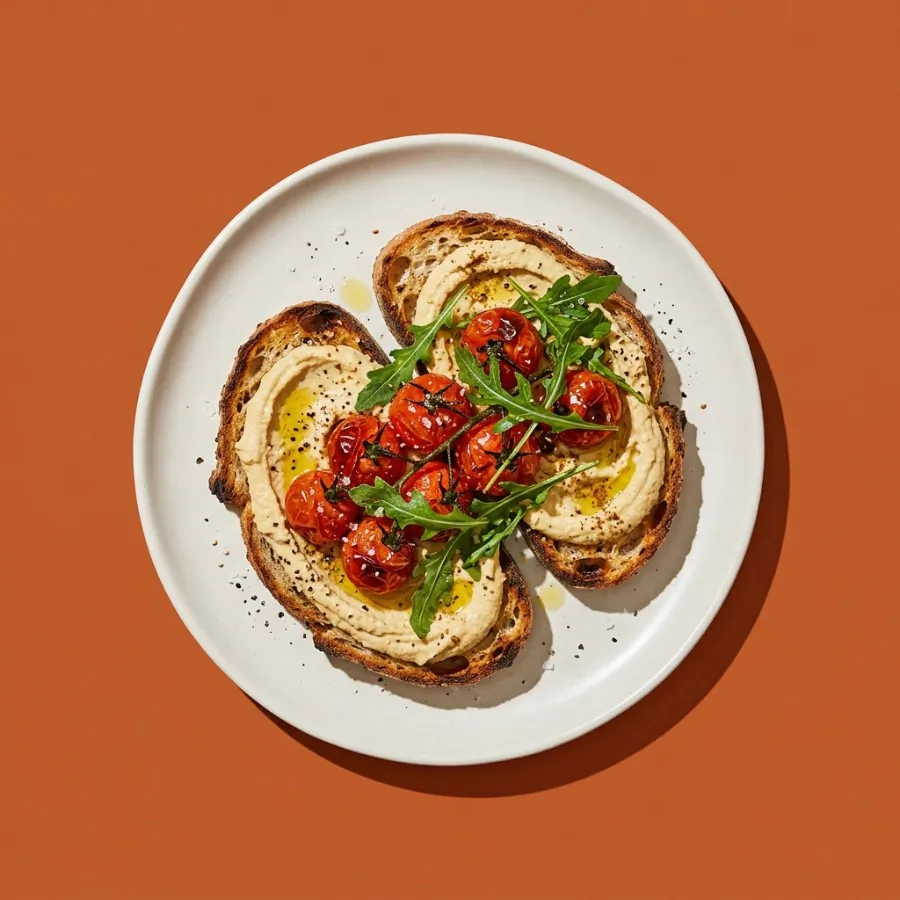 Tostada de masa madre con tomates asados y hummus