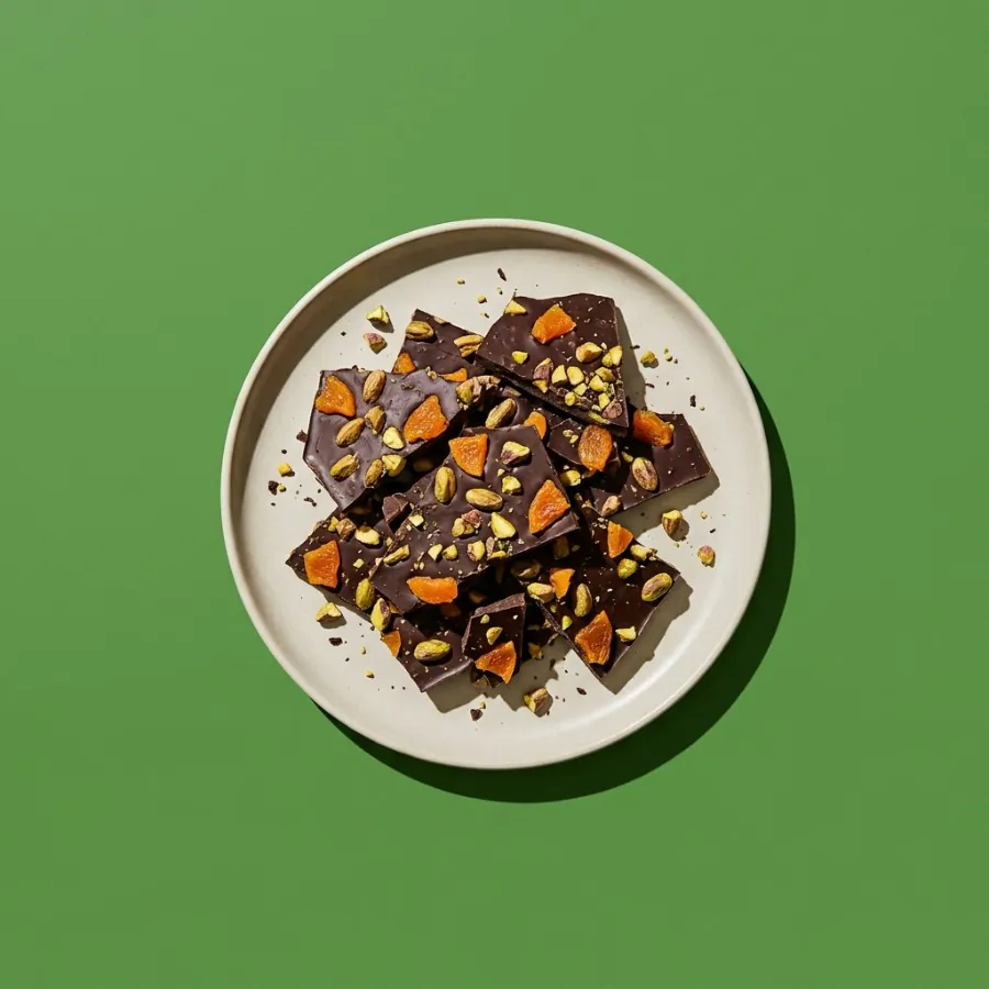 Casquinha de chocolate amargo com damasco e pistache