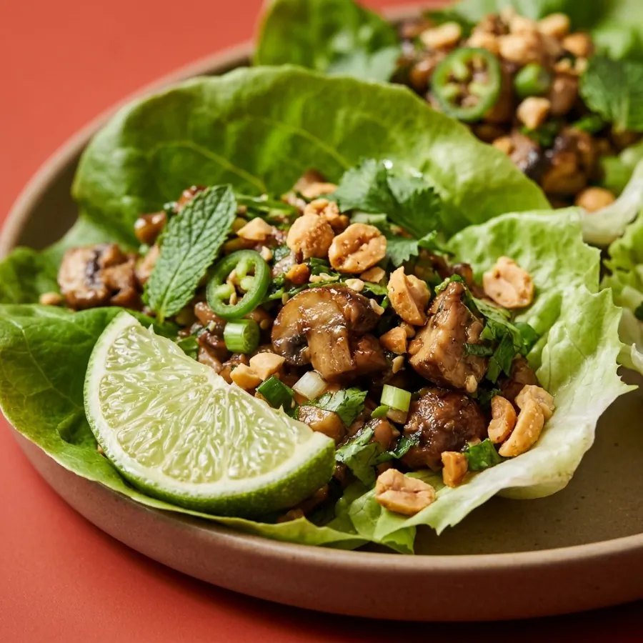 Larb di funghi in foglie di lattuga, foto 2