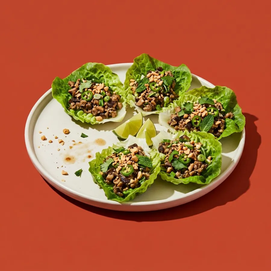 Larb di funghi in foglie di lattuga, foto 3