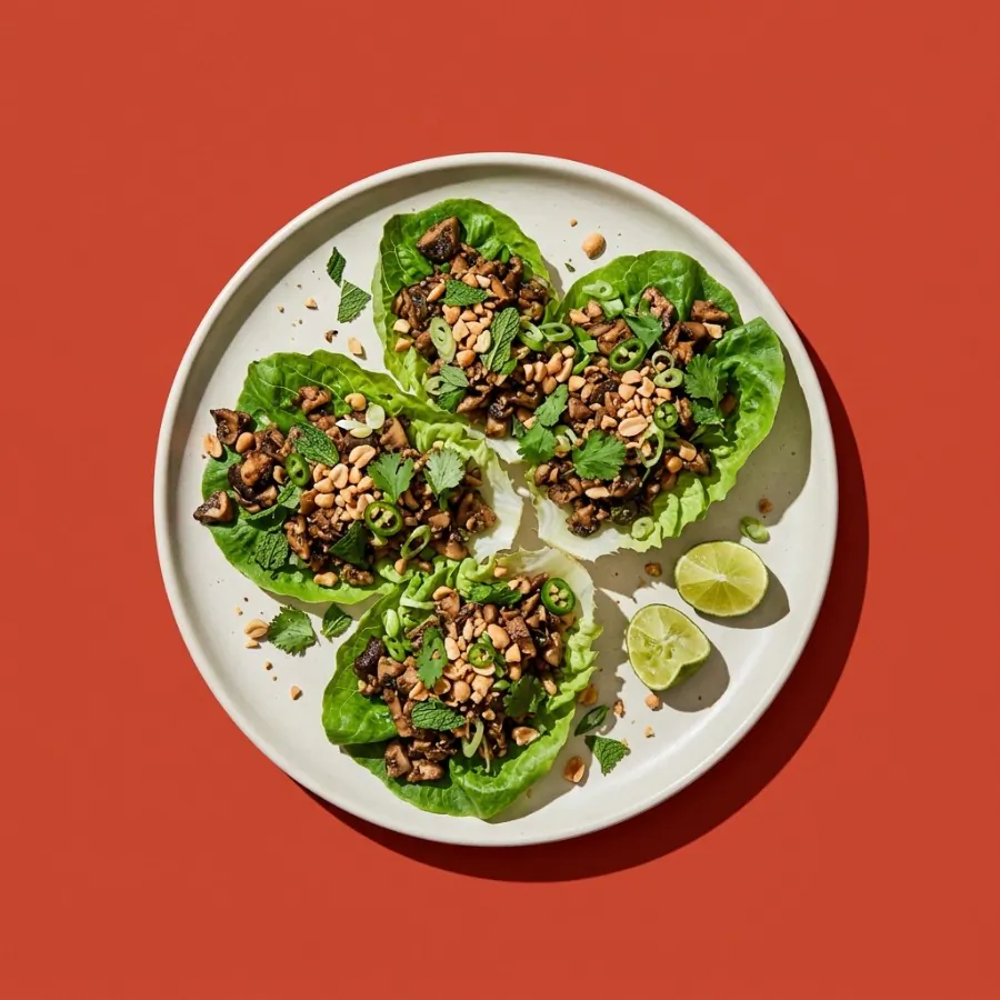 Larb di funghi in foglie di lattuga