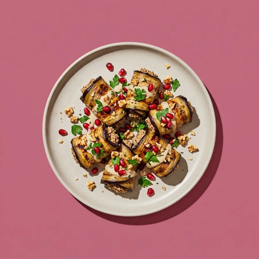 Rollitos de berenjena con nueces y granada